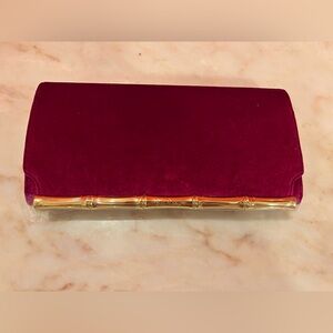 Elegant Raspberry Velvet Clutch with Gold Bamboo Accents